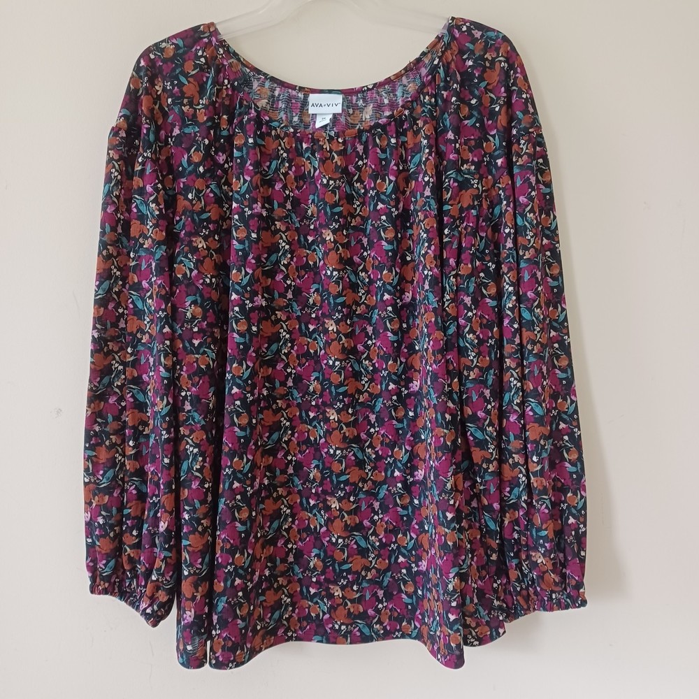 Ava Viv Blouse Womens Plus Size 2X Purple/Rust Floral Stretch Relaxed Fit